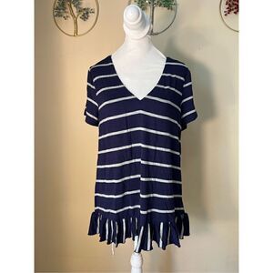 NWT! Chaser Navy Blue Gray Stripe Strappy Double V Peplum Cool Jersey Tee Medium